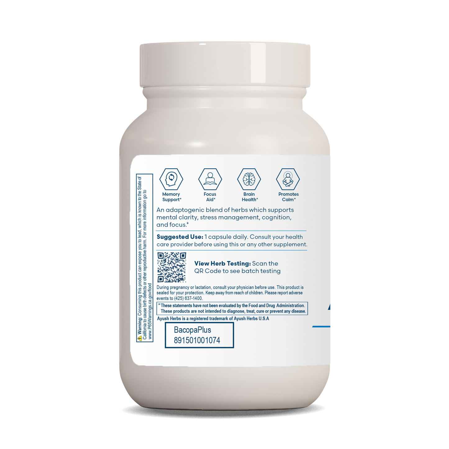 BacopaPlus bottle right side by Ayush herbs herbal supplements