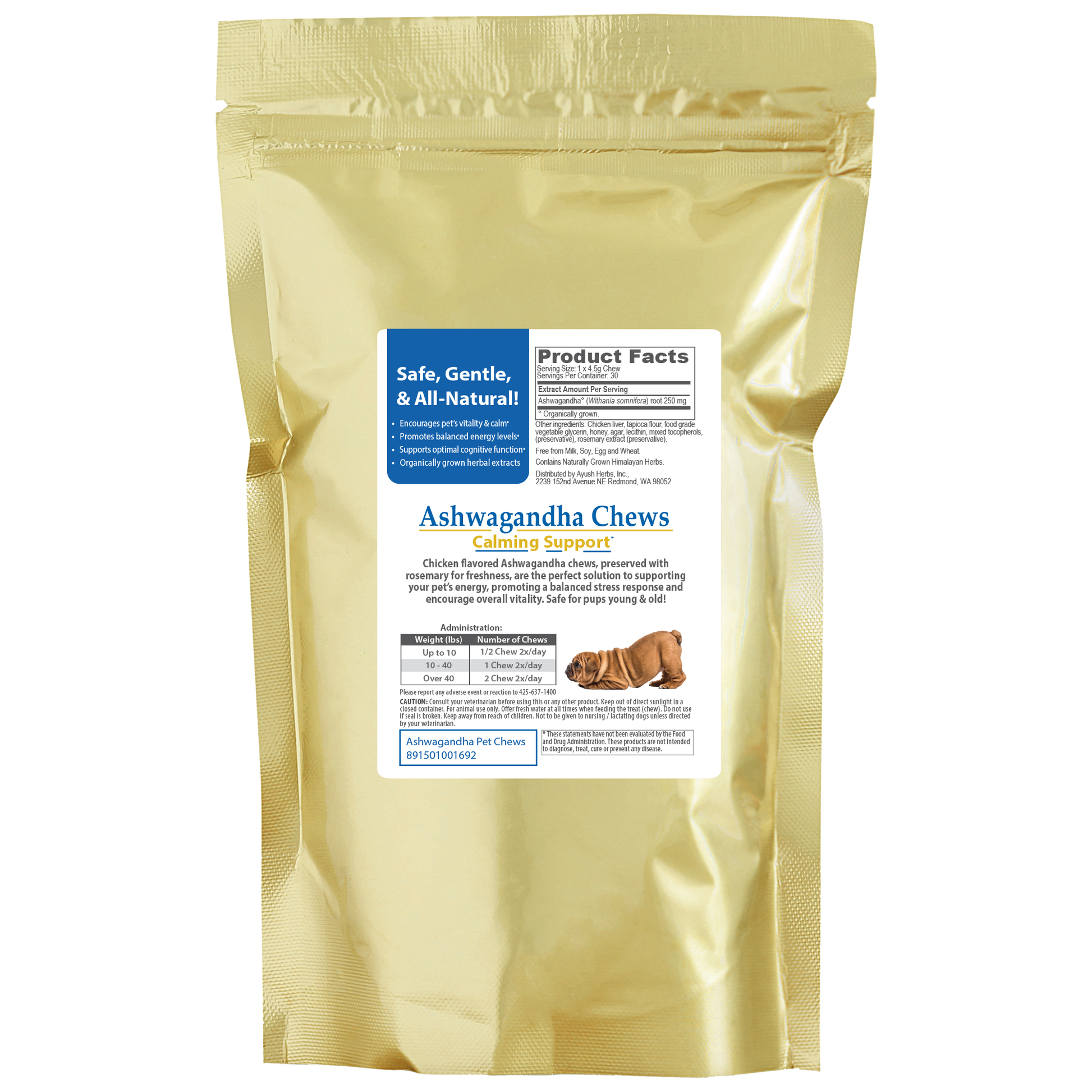 Ashwagandha Pet Chews Pouch back by Ayush Pet herbal supplements