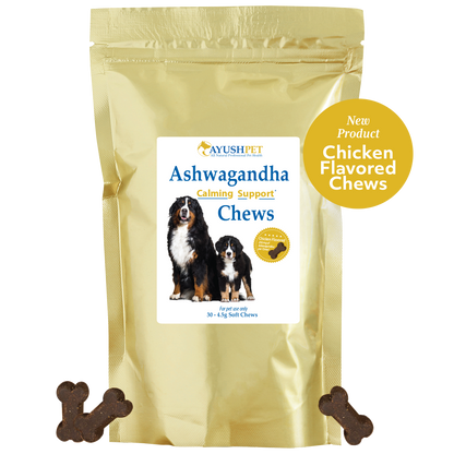 Ashwagandha Pet Chews Pouch with bones front by Ayush Pet herbal supplements