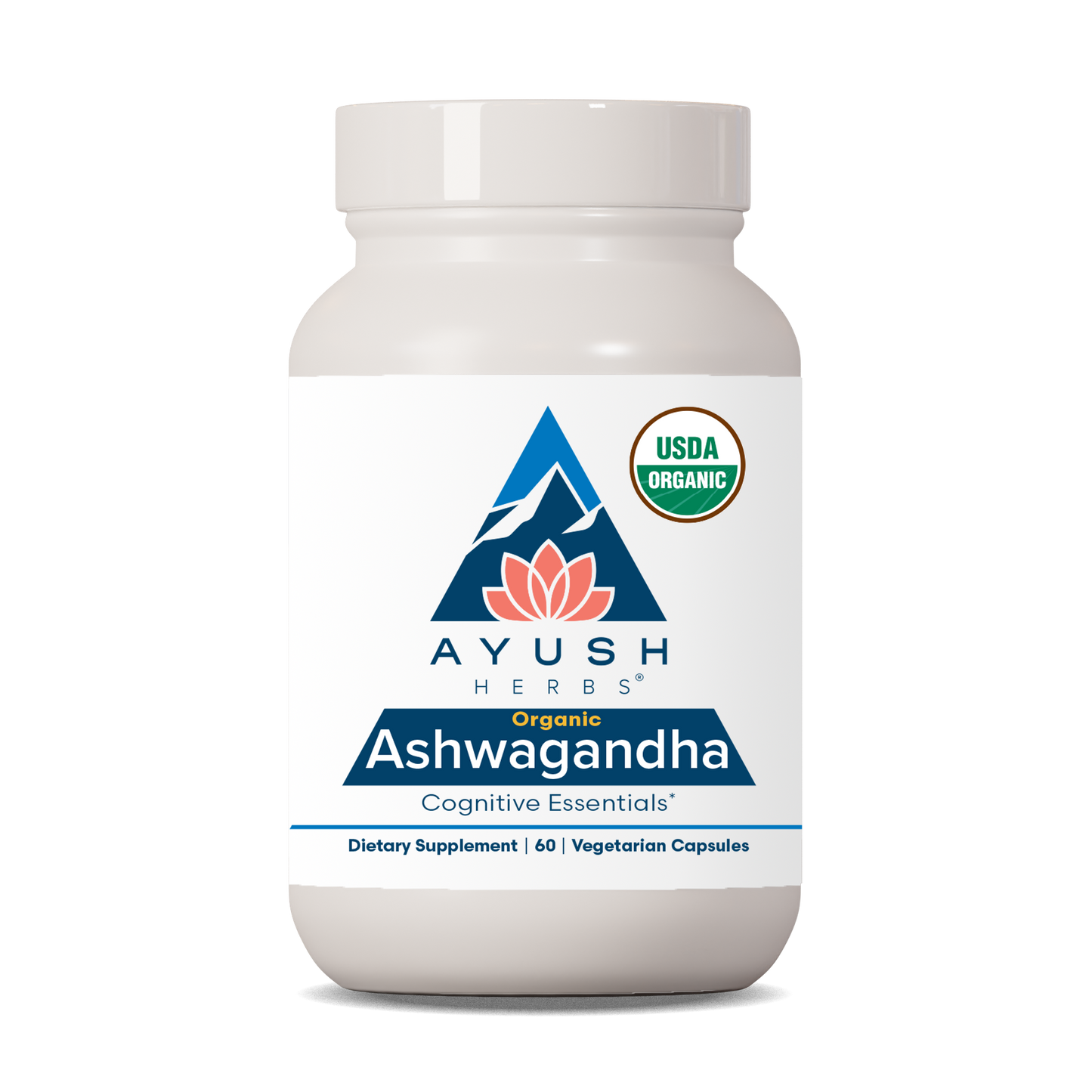 Ayush Herbs Ashwagandha supplement bottle on a white background