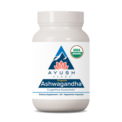 Ayush Herbs Ashwagandha supplement bottle on a white background