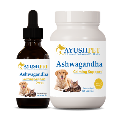 Pet Ashwagandha capsules and drops known for its adaptogenic properties to support your pet’s ability to adapt to stress by ruved herbal supplements and ayush herbs