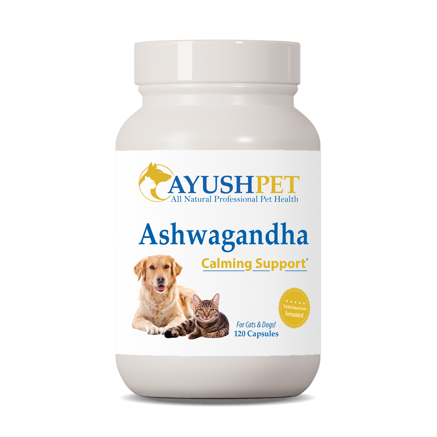 Ashwagandha Bottle front by Ayush Pet herbal supplements