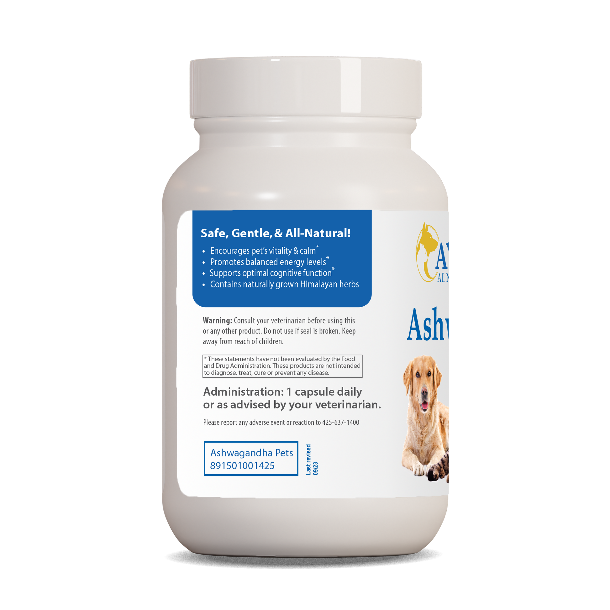 Ashwagandha Bottle right side by Ayush Pet herbal supplements