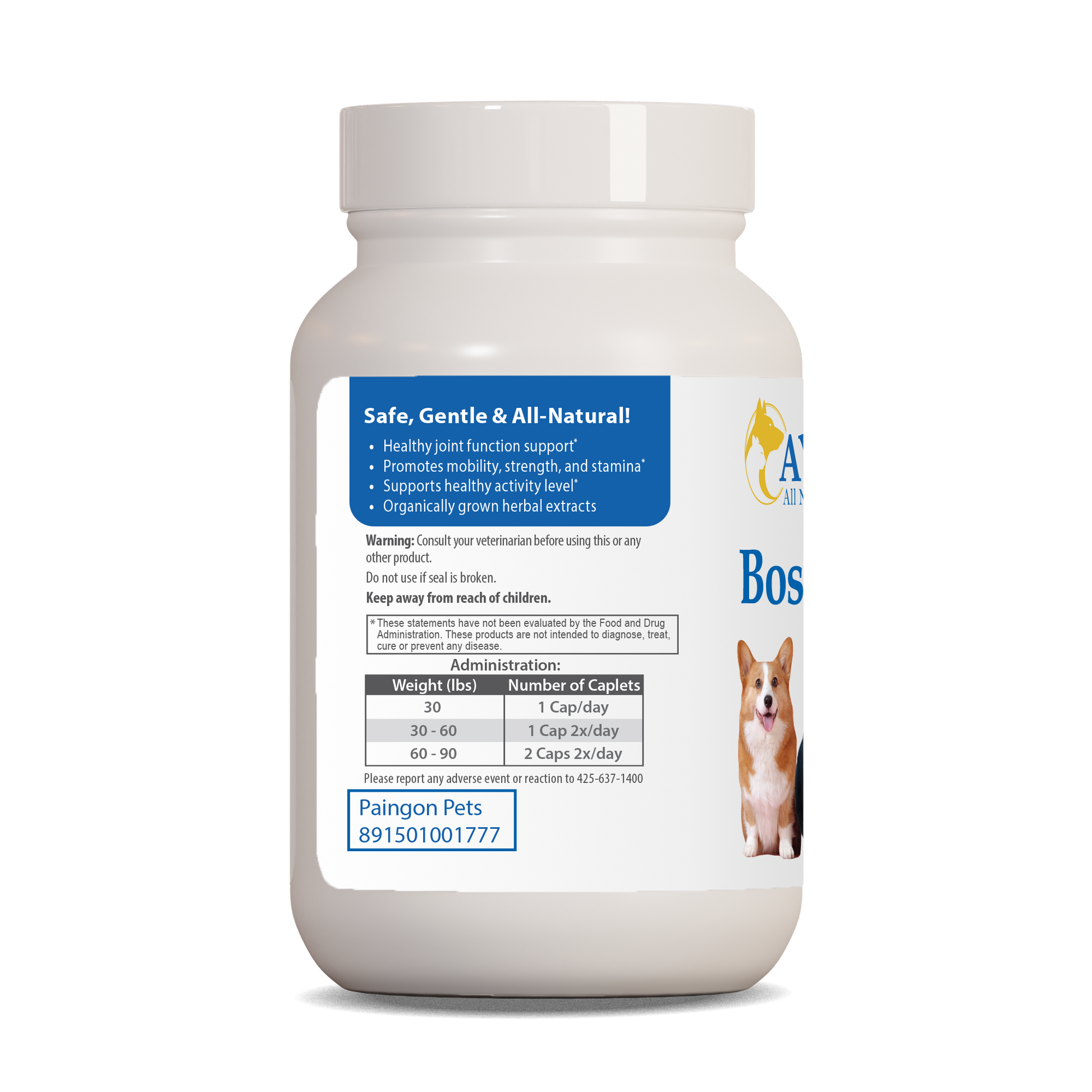 Boswelya Plus Pet Bottle right side by Ayush Pet herbal supplements