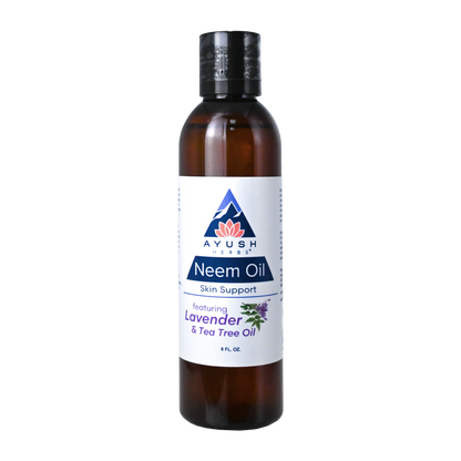 Bottle of Ayush Neem Oil with a white label on a white background