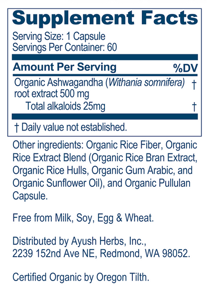 Supplement facts label for a capsule containing Organic Ashwagandha extract.