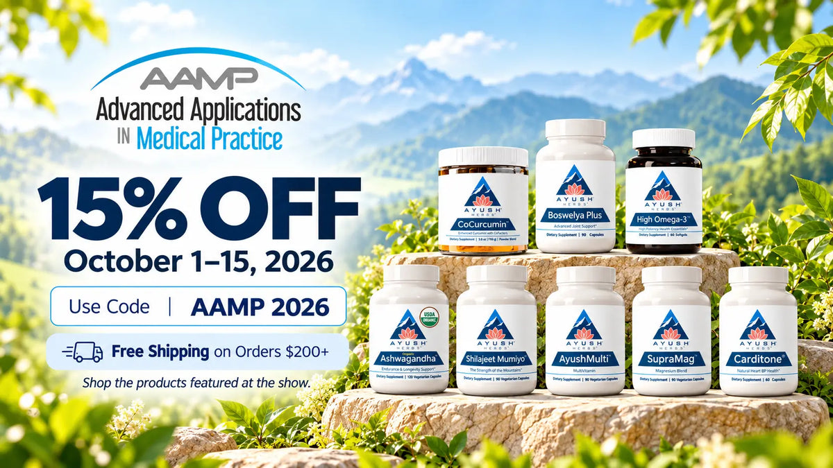 A promotional banner for AAMP Advanced Applications in Medical Practice showing multiple supplement bottles arranged on stone steps outdoors with mountains and green leaves in the background. Large text advertises a 15% off discount with code AAMP 2026, and shipping information is included at the bottom.