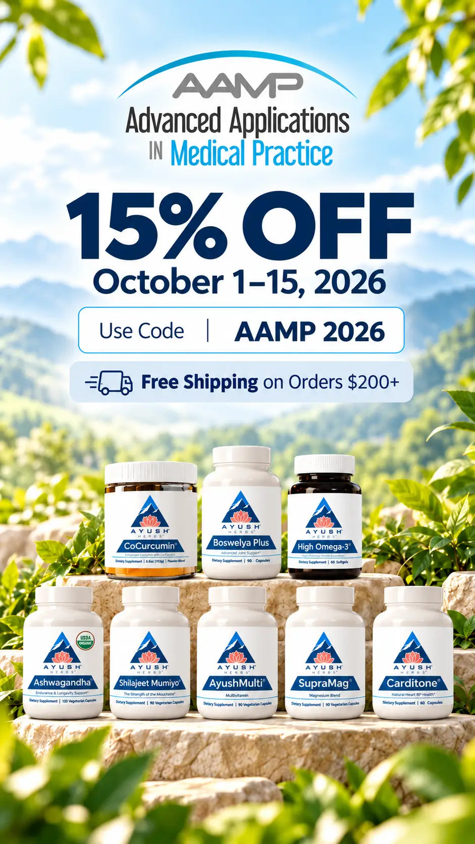 A promotional banner for AAMP Advanced Applications in Medical Practice showing multiple supplement bottles arranged on stone steps outdoors with green foliage and a mountain landscape in the background. Large text advertises a 15% off discount from October 1-15, 2026, with the code AAMP 2026 and free shipping on orders $200+.