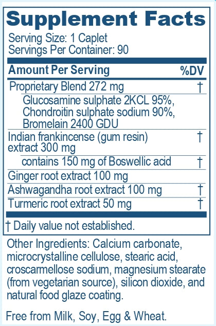 Supplement facts label with detailed ingredient list of Bosewelya Plus, a Ayush Herbs Product